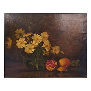 G. Nattiello Colosimo, Still Life with Yellow Daisies, Pomegranate and Fruit, 20th Century, Oil Painting on Canvas, Framed For Sale
