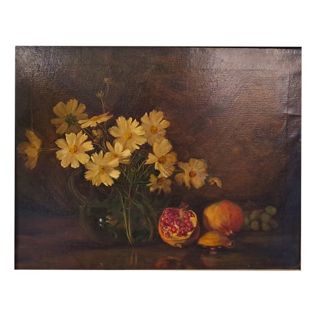 G. Nattiello Colosimo, Still Life with Yellow Daisies, Pomegranate and Fruit, 20th Century, Oil Painting on Canvas, Framed For Sale