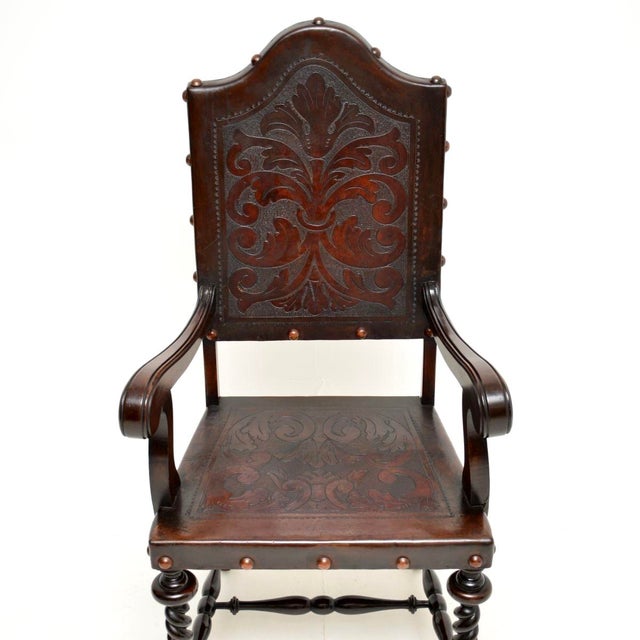 Wood Antique Portuguese Embossed Leather and Walnut Dining Chairs, 1880, Set of 6 For Sale - Image 7 of 11
