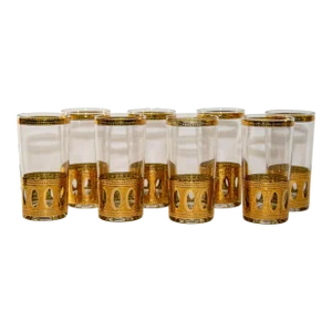 1950 Set of 8 Vintage Culver Ltd Highball Glasses With 22-Karat Gold Antigua