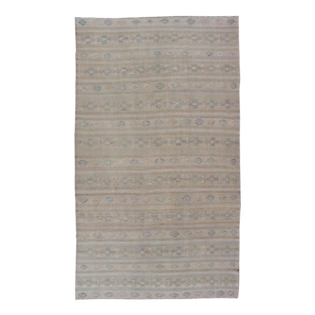 Turkish Vintage Gallery Flat-Weave Kilim With Stripes and Embroideries For Sale