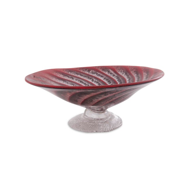This red, black and clear Art Glass footed dish is exquisite in color and form. The foot is pressed with a fork-like tool...