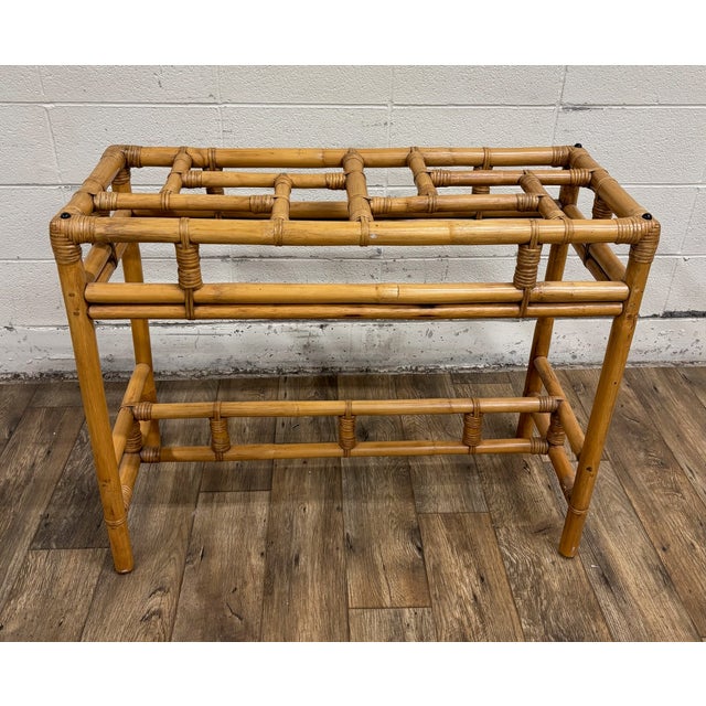 Ficks Reed Vintage MCM Coastal Boho Style Sculpted Rattan Bamboo Glass Top Console Table For Sale - Image 4 of 9