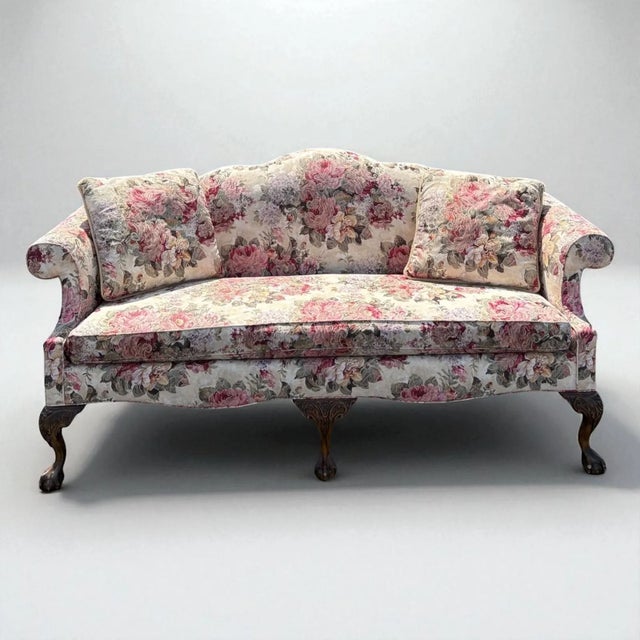 Textile Vintage Floral Humpback Sofa With Carved Claw-and-Ball Feet For Sale - Image 7 of 8