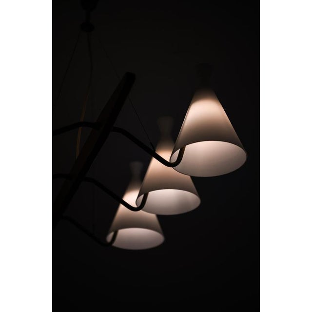 Metal Ceiling Lamp in Brass, Teak and Opaline Glass attributed to Svend Aage Holm Sørensen, 1950s For Sale - Image 7 of 10