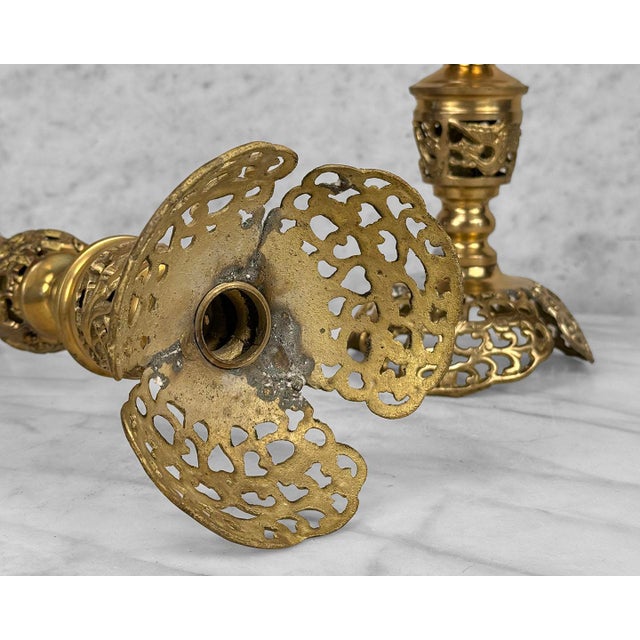 Vintage 15" Chinese Brass Dragon Motif Mantle Candlestick Holders - A Pair For Sale - Image 9 of 9