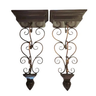 Vintage Massive Dark Brown Iron Scroll Wall Sconce Bracket Shelves- a Pair For Sale