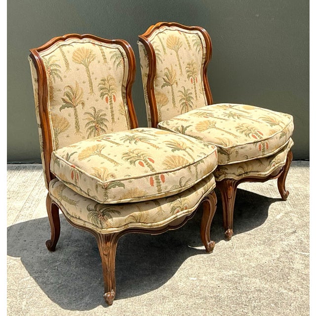 Vintage Palm Print Fabric Slipper Chairs - Pair For Sale - Image 11 of 12