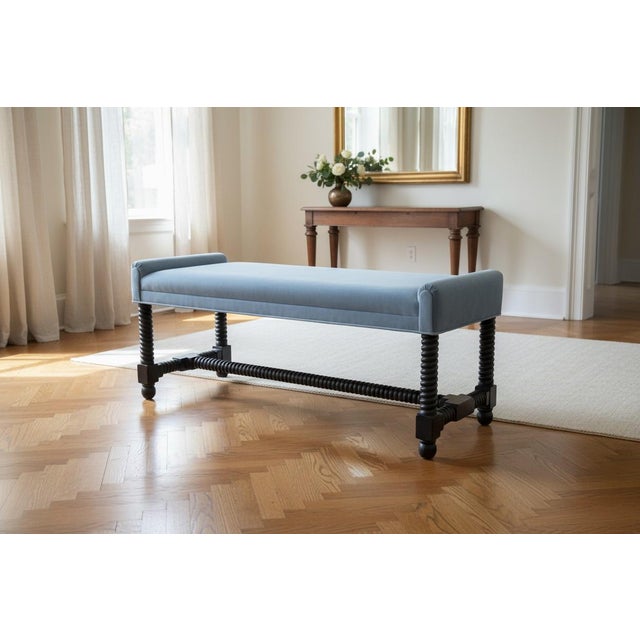 Classic barley twist craftsmanship meets sophisticated modern upholstery in this beautifully restored 1970s bench,...