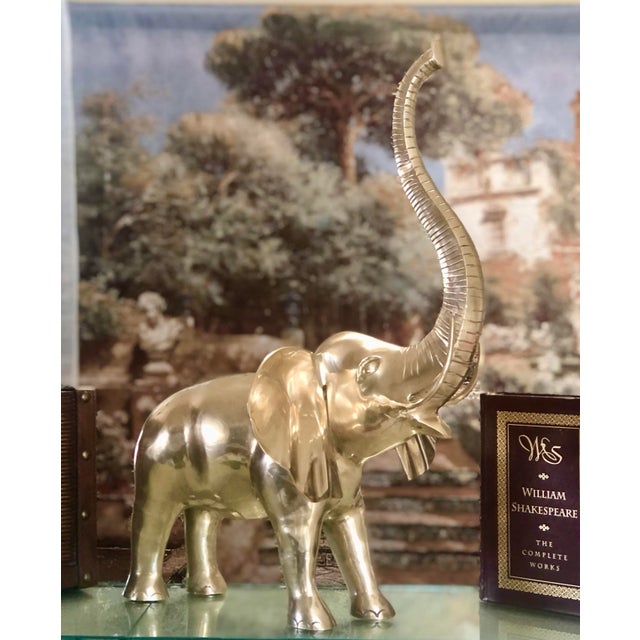 Shabby Chic Brass Elephant "Trunks Up" Good Luck Vintage Large Statue For Sale - Image 3 of 10