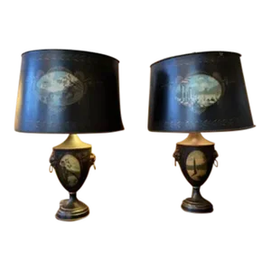 Antique Pair of Green Tole Regency Chestnut Urn Neo Classical Table Lamps