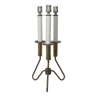 Gerald Thurston for Lightolier Style Brass & White Triple Candlestick Table Lamp For Sale