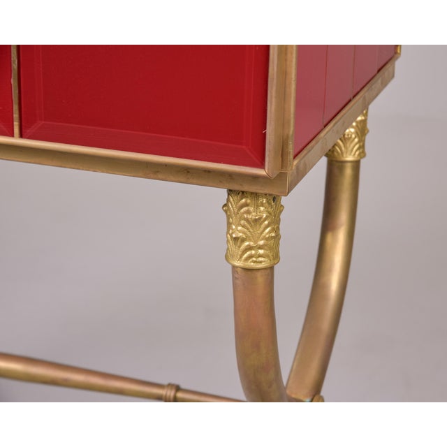 Tall Italian Mid Century Red Glass and Brass Bar Cabinet For Sale In Detroit - Image 6 of 12
