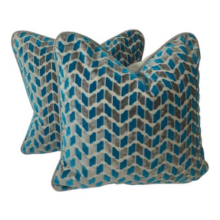 Turquoise and Grey Velvet Pillows - a Pair For Sale