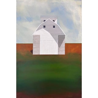 On the Outskirts by Justin Wheatley | Acrylic on Canvas White Barn in Open Field For Sale