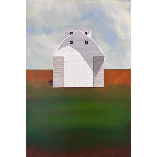 On the Outskirts by Justin Wheatley | Acrylic on Canvas White Barn in Open Field For Sale