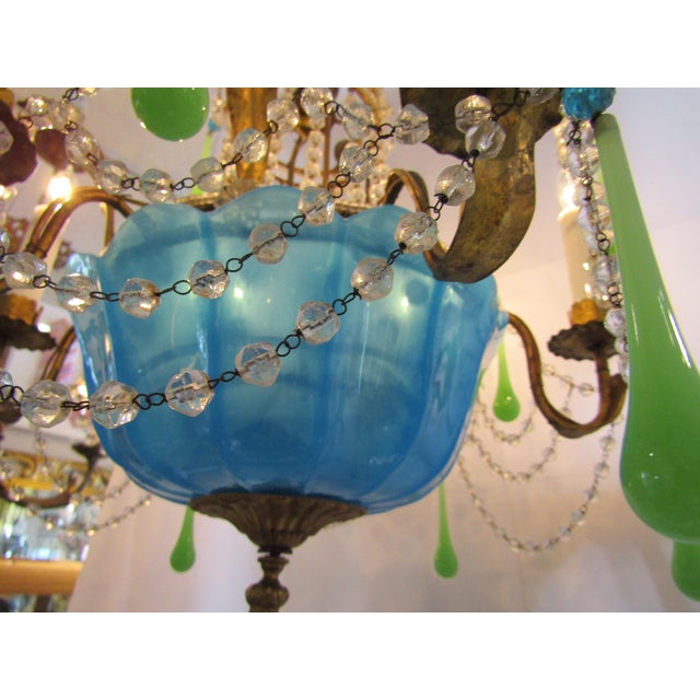 1940s Rare Italian Blue and Green Opaline Beaded Gold Leaf Chandelier For Sale - Image 11 of 11