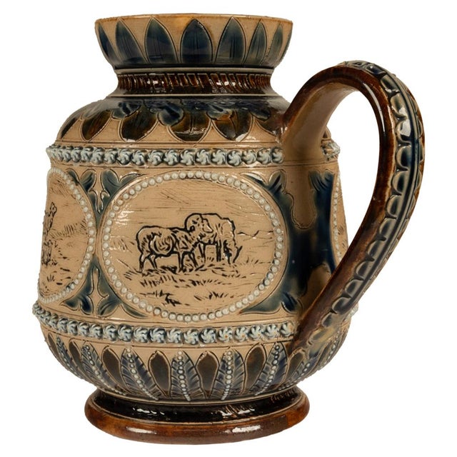 Antique Aesthetic Movement Doulton Lambeth Hannah Barlow Stoneware Jug Sheep, 1873 For Sale - Image 14 of 17