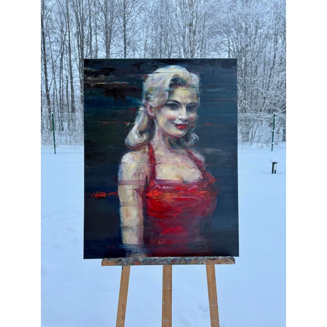 This artwork presents a striking portrait of a woman with blonde hair, dressed in a vivid red garment. The background is...