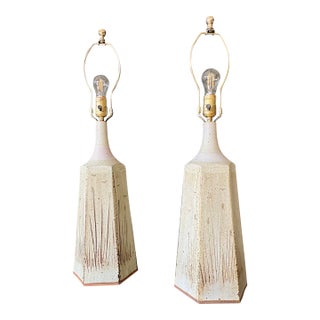 1970s Organic Modern Table Lamps in Stoneware & Brass - a Pair For Sale