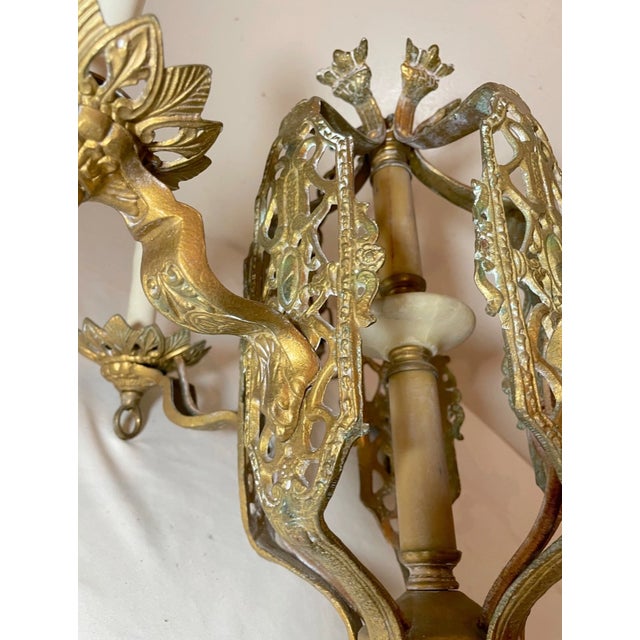 Antique Ornate Art Deco 5 Arm Brass Alabaster Hanging Chandelier Fixture Lamp For Sale - Image 11 of 13