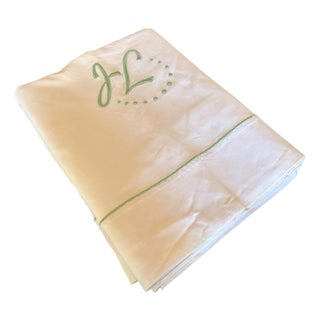 Antique French Linen Sheet, Jl Monogram With Sage Green Embroidery, Circa 1920 For Sale