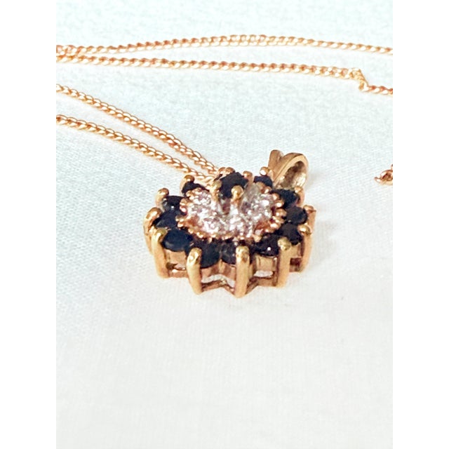 Vintage Victorian Revival Sapphire & Diamond Cluster Pendant Necklace With 14k Gold Chain For Sale - Image 9 of 16
