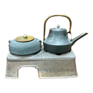 Late 19th Century Antique Japanese Cast Iron Tea Pots on Cast Iron Hibachi Stand
