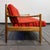 Product. 3 seater sofa style. Mid-century · 1960s material. In solid beech · dark stained · red striped upholstery fabric...