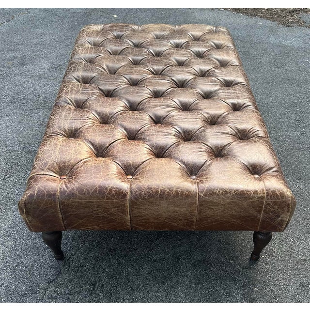 1990s Vintage Leather Tufted Chesterfield Ottoman From Retired Restoration Hardware Collection For Sale - Image 5 of 5