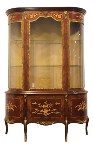 Vintage Antique Louis XVI French Provincial Style 58" Ornate Ormolu and Inlay Vitrine Display Curio China Cabinet