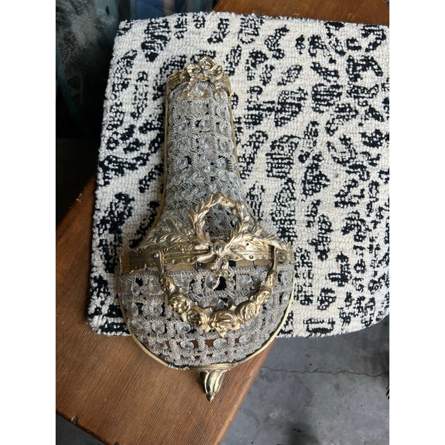 1970s Small Gold French Basket Crystal Sconces - a Pair For Sale - Image 4 of 6