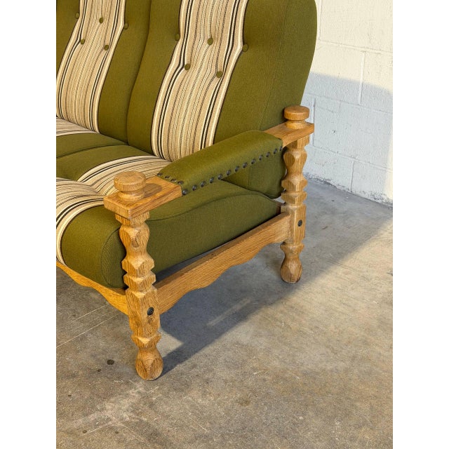 Mid 20th Century Vintage Danish Oak Sofa in Style of Henning Kjærnulf Green Striped Upholstery Mid Century For Sale - Image 5 of 10