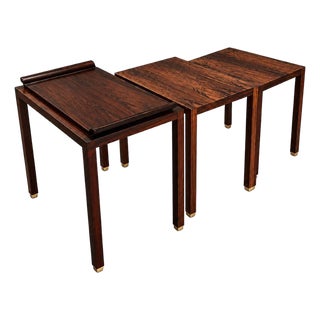 Set of Three Brazilian Rosewood Nesting Tables with Removable Tray & Brass Sabots, 1960s For Sale
