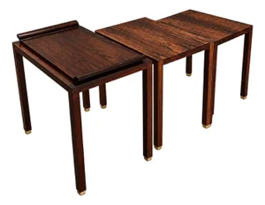 Set of Three Brazilian Rosewood Nesting Tables with Removable Tray & Brass Sabots, 1960s
