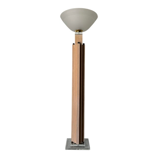 1980's Italian Postmodern Wood & Glass Shade Torchiere Floor Lamp For Sale