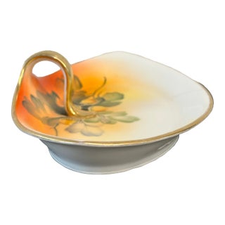 Nippon Vintage Hand Painted Japan Trinket Candy Dish With Gilded Handle For Sale