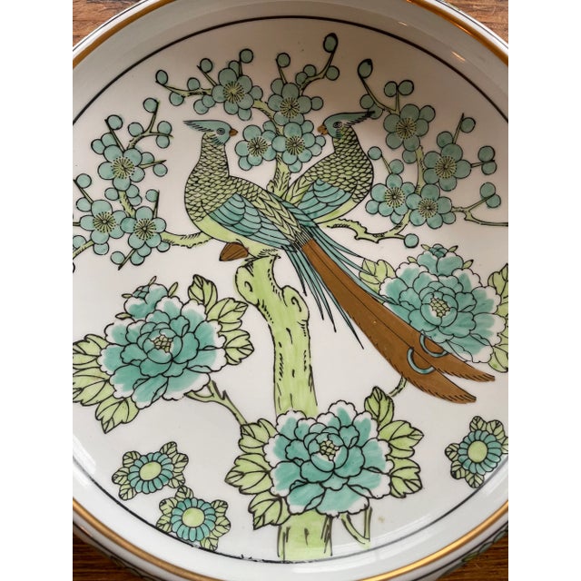 English Gold Imari Decorative Bowl Hand-Painted With Peacock Pattern in Blues and Greens - Made in Japan For Sale - Image 3 of 11
