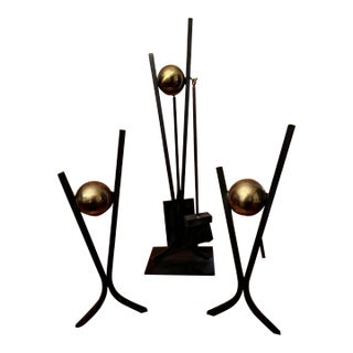 Donald Deskey MCM Fireplace Tools Iron Andirons and Fireplace Tool Set- 6 Pieces For Sale