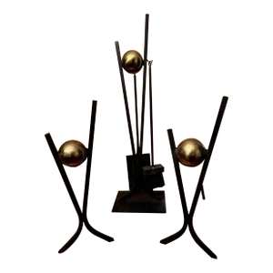 Donald Deskey MCM Fireplace Tools Iron Andirons and Fireplace Tool Set- 6 Pieces