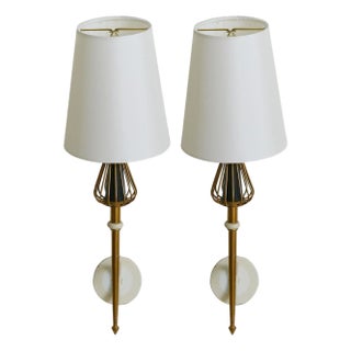 1950s French Brass Single-Arm Wall Sconces in Manner of Maison Arlus - a Pair For Sale