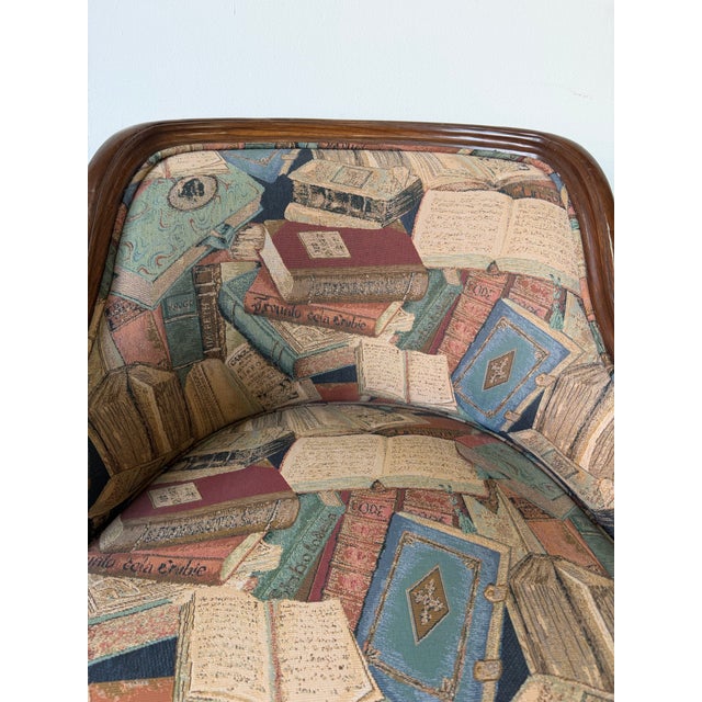 Vintage French Empire Style Carved Ram’s Head Arm Club Chair With Book Motif Upholstery For Sale - Image 11 of 12