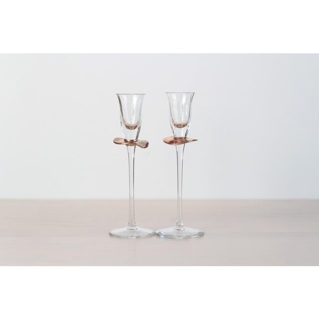 Transparent 1980s Handblown Stemmed Cordial Glasses With Rose Copper Collar - a Pair For Sale - Image 8 of 9