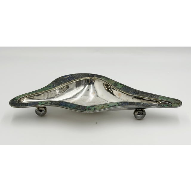 Metal Mid 20th Century Los Castillo Taxco Modernist Silver Plate Malachite & Lapis Centerpiece Bowl For Sale - Image 7 of 18