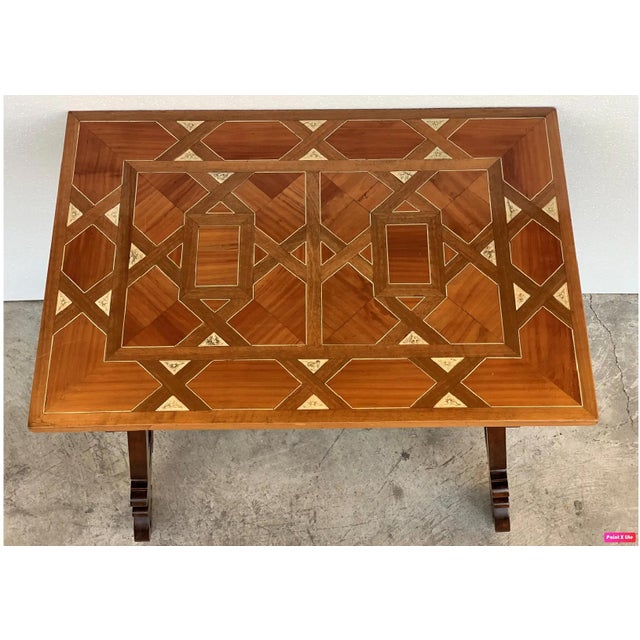 Baroque 19th Century Baroque Spanish Side Table with Marquetry Top and Lyre Carved Legs For Sale - Image 3 of 18