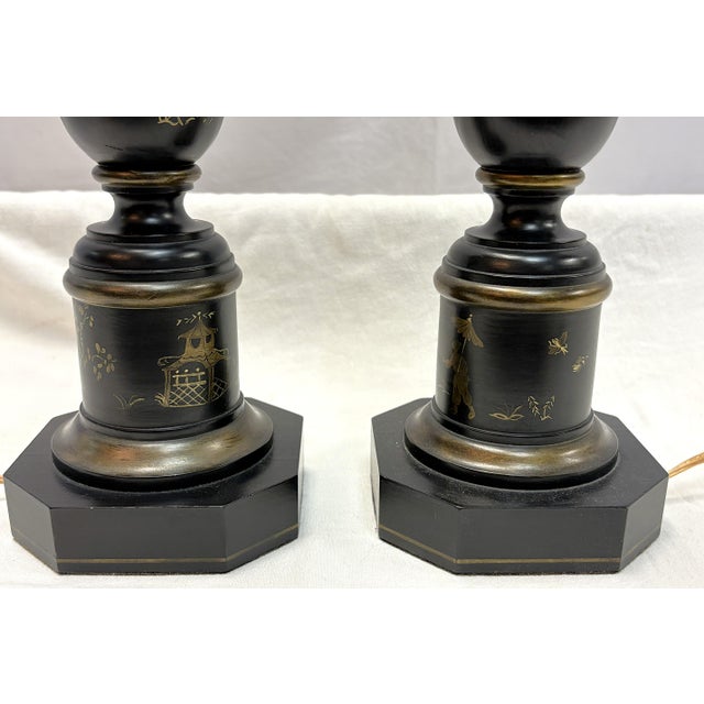 Vintage Wood Table Lamps With Gold Painted Chinoiserie Designs- A Pair For Sale - Image 12 of 15