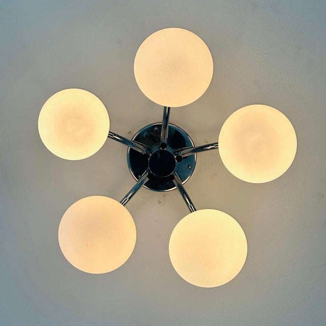 Chrome-Plated Atomic Sputnik Chandelier with White Glass Balls, 1970s For Sale - Image 3 of 11