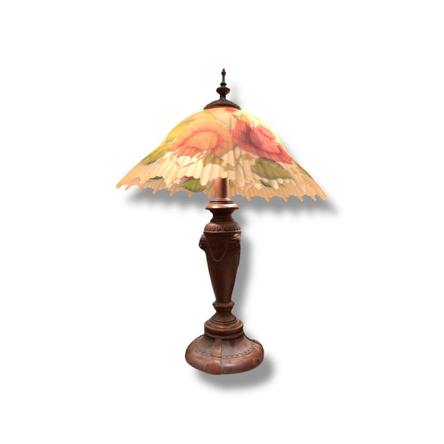Elegant signed Art Nouveau table lamp featuring a beautifully hand-painted floral shade with soft pink roses and flowing...