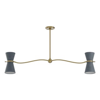 Gable Linear Chandelier, Antique Brass with Storm Blue Shade For Sale