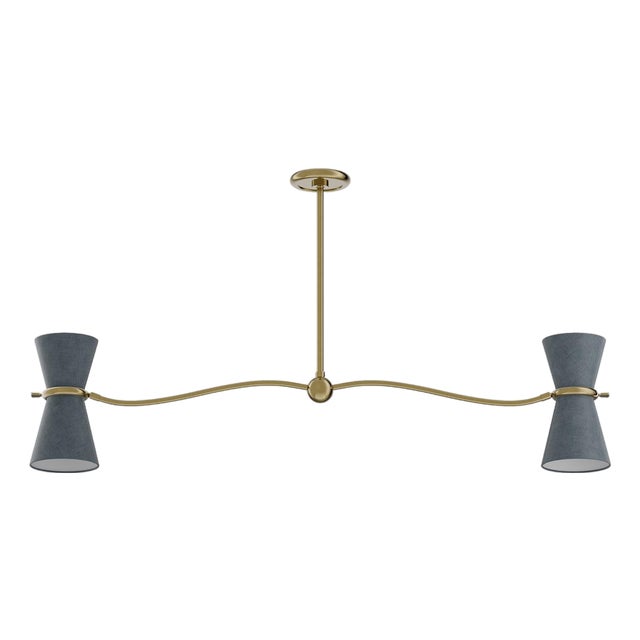 Gable Linear Chandelier, Antique Brass with Storm Blue Shade For Sale